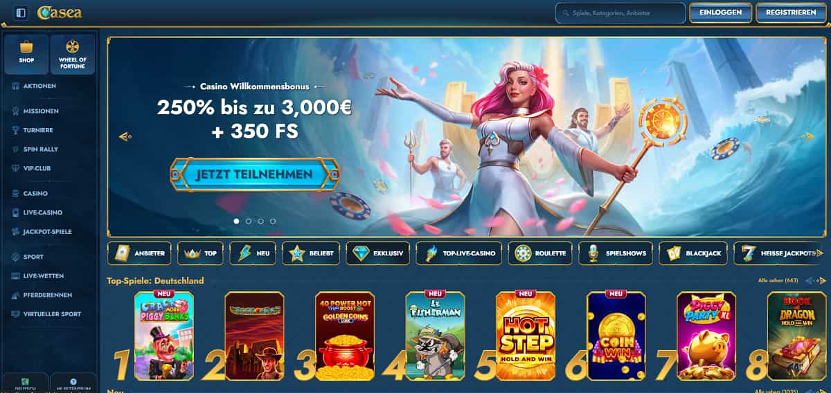 Casea Startseite mit Banner, das einen 250 %-Bonus bis zu 3.000 € plus 350 Freispiele bewirbt. Seitenleiste umfasst Casino, Live-Casino, Sportwetten und VIP-Club. Bereich „Top-Spiele: Deutschland“ zeigt Slots wie Book of Ra, Crack Piggy Banks und Rich Dragon.